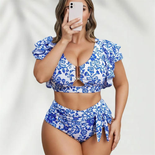 Floral Print Two-Piece Swimsuit, Plus Size Bikini Top Bathers for Plump Women PQ5095