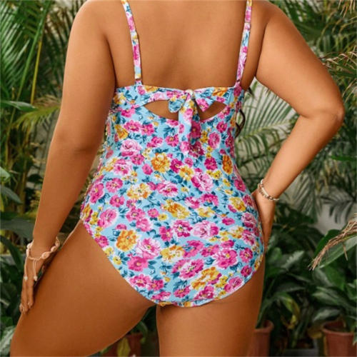 Plus Size Floral One Piece Swimsuit, V-Neck Ruched Swimming Costume PQ6063