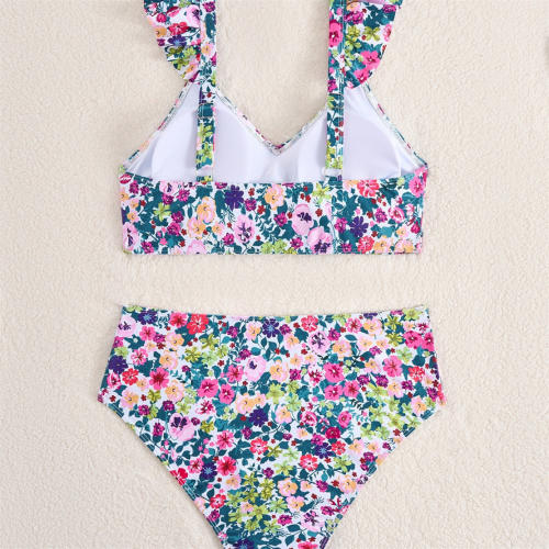 Floral Print Two-Piece Swimsuit, Plus Size Ruffle Strap Bikini for Plump Women PQ3327