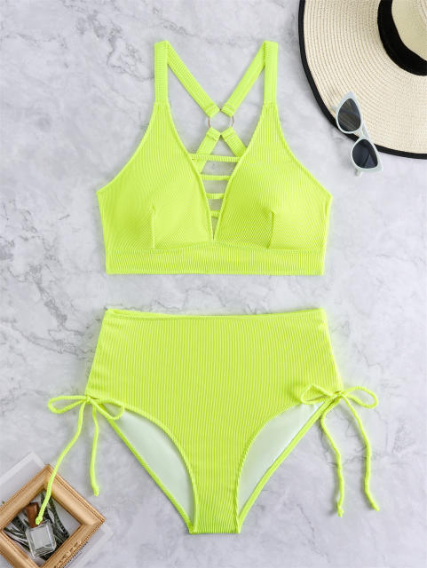 Plump Women's Two Piece High Waist Bikini Plus Size Neon Green Chubby Swimwear PQ3296