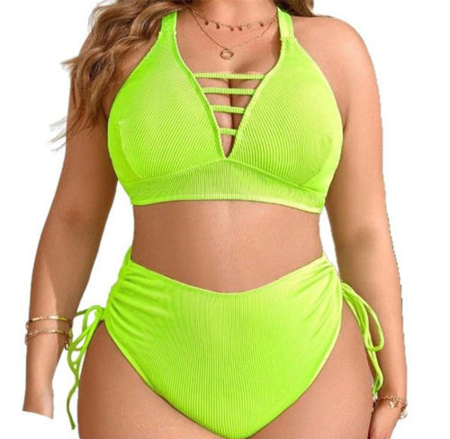 Plump Women's Two Piece High Waist Bikini Plus Size Neon Green Chubby Swimwear PQ3296