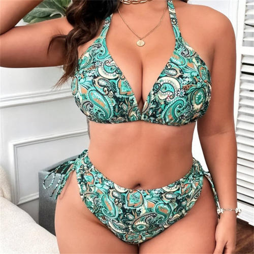 Women Two Piece Paisley Print Halter Bikini Set Plus Size Swimwear PQ4038