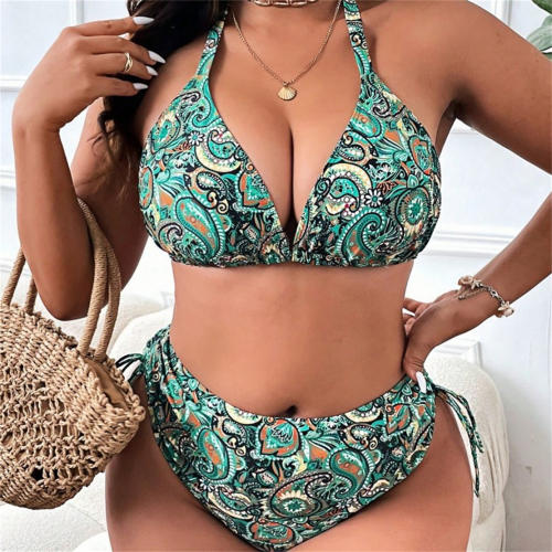 Women Two Piece Paisley Print Halter Bikini Set Plus Size Swimwear PQ4038