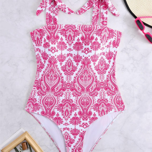 Plump Women Paisley Print One-Piece Swimsuit, Plus Size Swimwear High-Cut Beachwear PQ4608