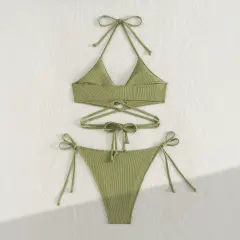 Women's Ribbed Two Piece Swimsuit Set, Strappy Beachwear PQ53366