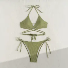 Women's Ribbed Two Piece Swimsuit Set, Strappy Beachwear PQ53366