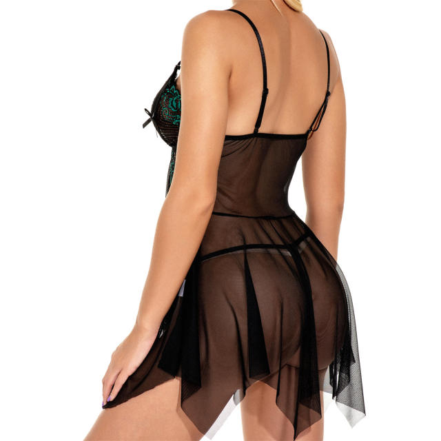 V-neck Mesh Babydoll Lingerie For Women Sexy Lace Floral Sleepwear PQ1664