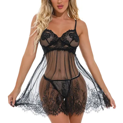 Sexy Lash Lace Sleepwear Sheer Mesh Babydoll Lingerie For Women PQ3524