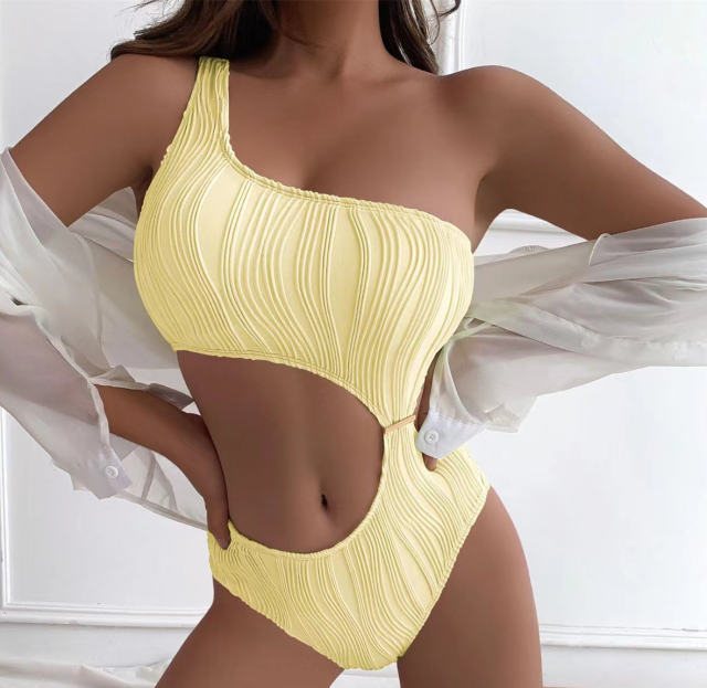 Solid Color One Piece Swimsuit Womens One Shoulder Bathing Suit PQ9049