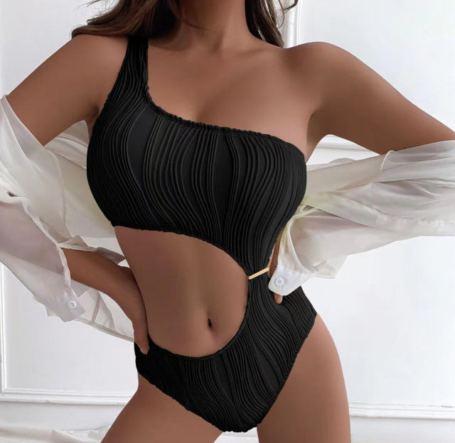 Solid Color One Piece Swimsuit Womens One Shoulder Bathing Suit PQ9049
