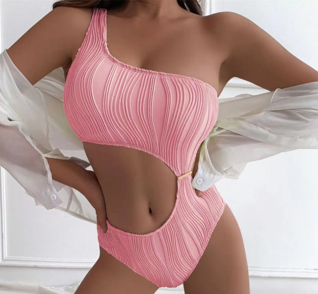 Solid Color One Piece Swimsuit Womens One Shoulder Bathing Suit PQ9049