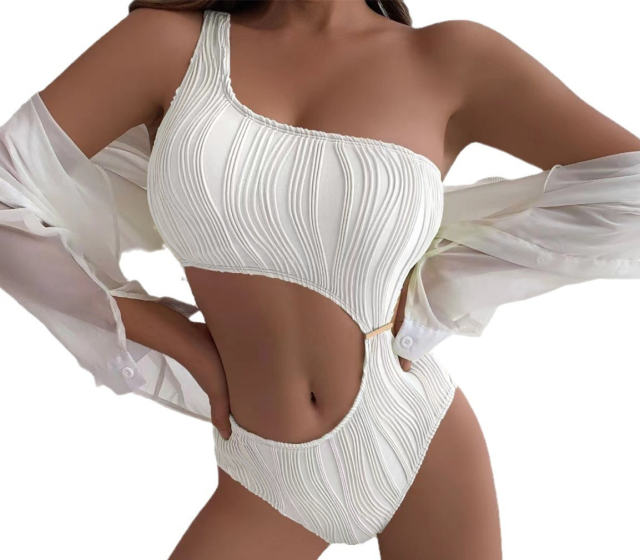 Solid Color One Piece Swimsuit Womens One Shoulder Bathing Suit PQ9049