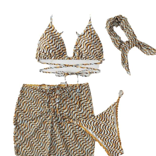 4PCS Stripes Print Bikinis with Skirt Beach Equipment Womens PQ9024