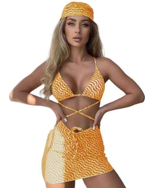 4PCS Stripes Print Bikinis with Skirt Beach Equipment Womens PQ9024