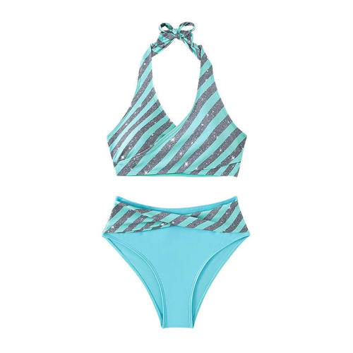 Sequin Striped Bikinis Sexy Swimming Costume High Waist Bathers Swimsuit PQ8474