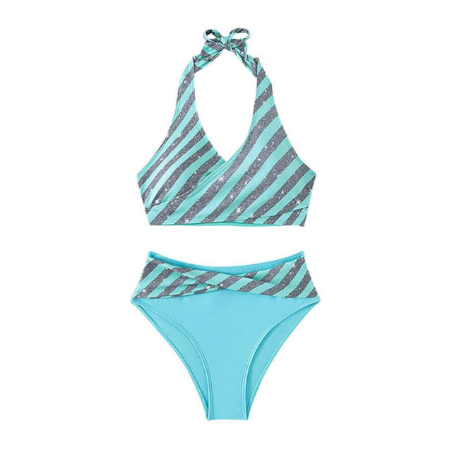 Sequin Striped Bikinis Sexy Swimming Costume High Waist Bathers Swimsuit PQ8474