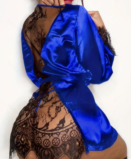 Sexy Satin Robe Lingerie For Women Night Gown Lace Nightdress PQ6029