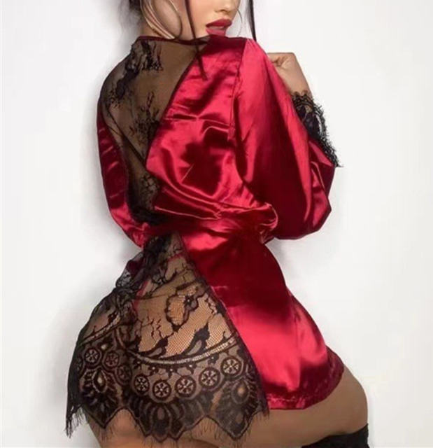 Sexy Satin Robe Lingerie For Women Night Gown Lace Nightdress PQ6029