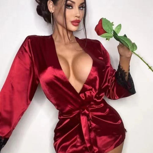 Sexy Satin Robe Lingerie For Women Night Gown Lace Nightdress PQ6029