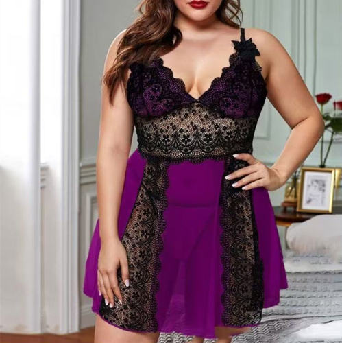 Women Plus Size Lace Babydoll Lingerie Mesh Sleepwear Sexy Nightdress PQ9900