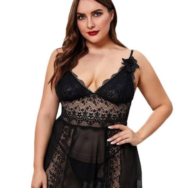 Women Plus Size Lace Babydoll Lingerie Mesh Sleepwear Sexy Nightdress PQ9900