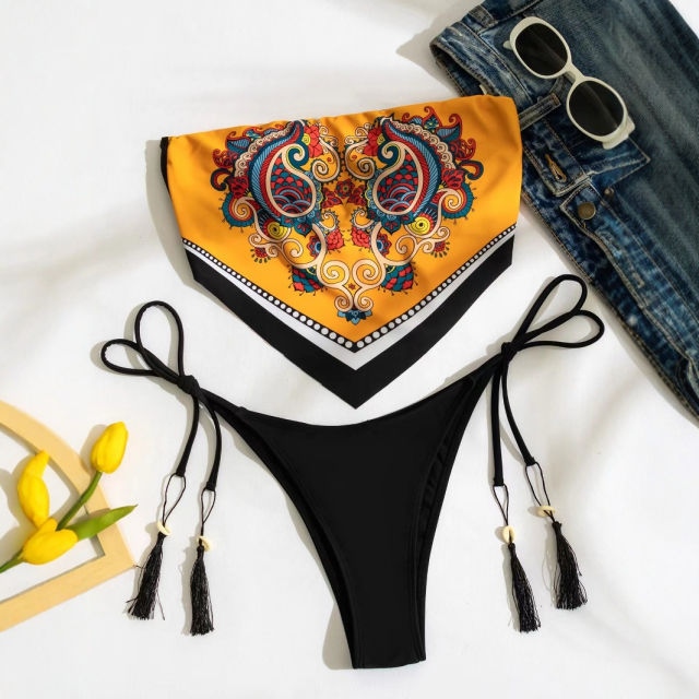 Women's Bandeau Bikini Set, Paisley Print, Bellyband Swimwear Tassel PQ6619