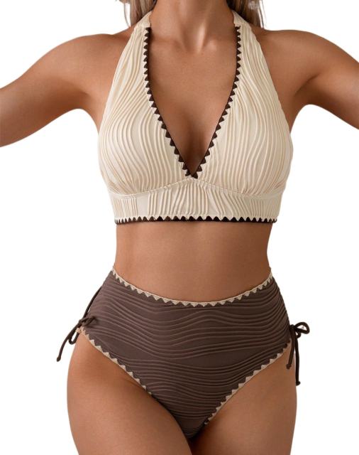 Ribbed Halter Bikini Set, Side Tie Bottoms Swimwear For Woman PQ26-39