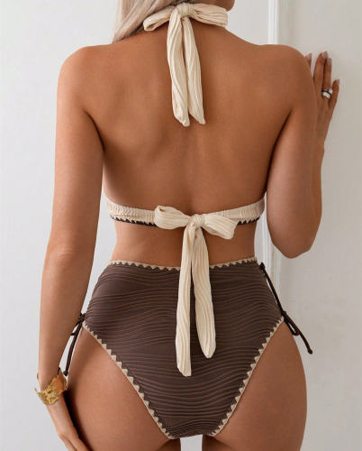Ribbed Halter Bikini Set, Side Tie Bottoms Swimwear For Woman PQ26-39