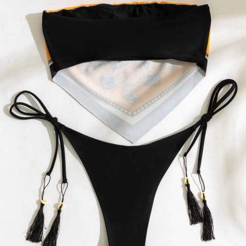 Women's Bandeau Bikini Set, Paisley Print, Bellyband Swimwear Tassel PQ6619