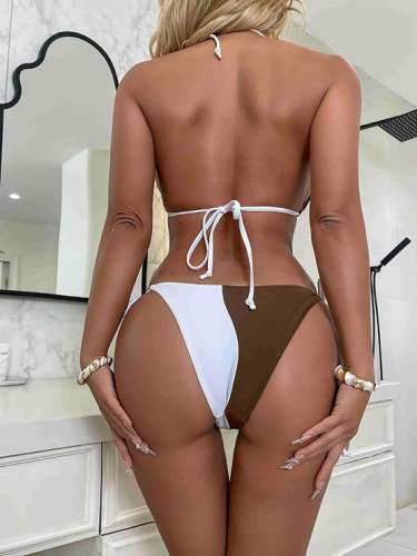 White Triangle Bikini Set, Halter Neck Top with Tie Side Bottom, Two Piece Swimsuit PQ-W104