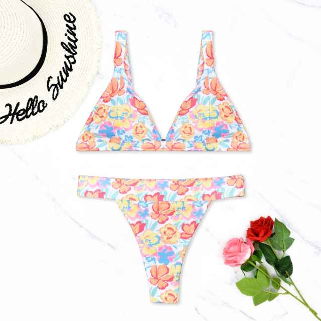 V-Neck Bikini Set Two Piece Swimwear for Women Solid Color Bathers PQ5012