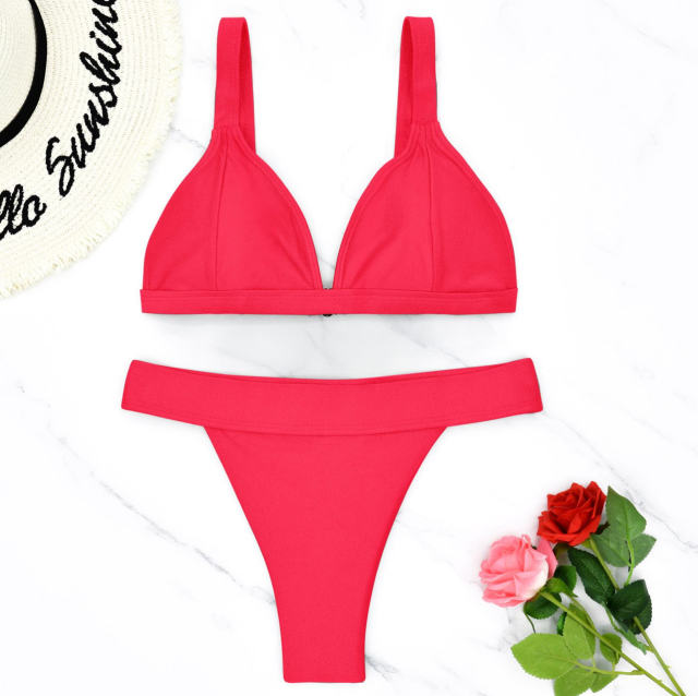 V-Neck Bikini Set Two Piece Swimwear for Women Solid Color Bathers PQ5012