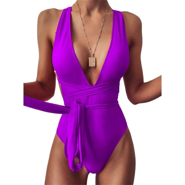 Women's Deep V-Neck Multiway Convertible One Piece Swimsuit Hollow Out Monokini PQ2021A