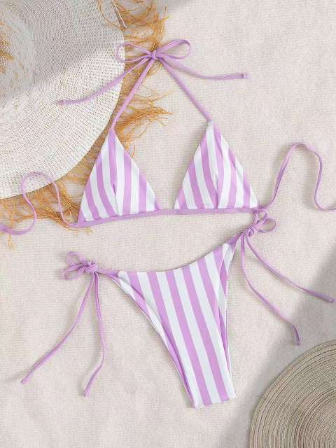 Women's Striped Bikini Set, Red and White Beach Wear, Two Piece Swimsuit PQ-D030