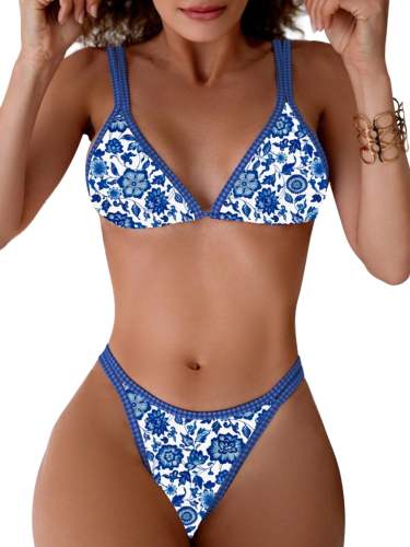 Women's Triangle Bikini Set, Two Piece Swimsuit with Gingham Trim PQ-YY165B
