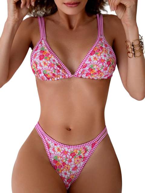 Women's Triangle Bikini Set, Two Piece Swimsuit with Gingham Trim PQ-YY165B