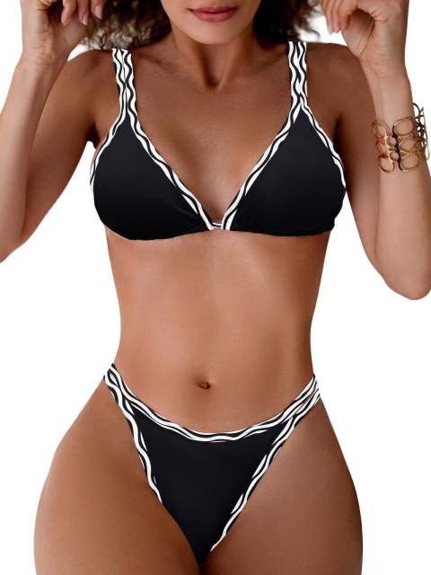 Women's Triangle Bikini Set, Two Piece Swimsuit with Gingham Trim PQ-YY165B