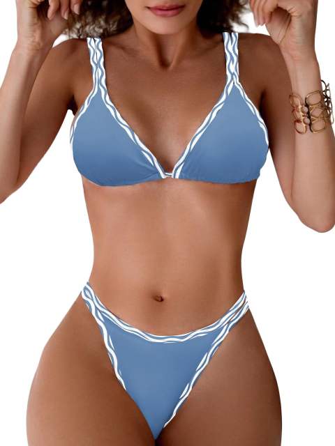 Women's Triangle Bikini Set, Two Piece Swimsuit with Gingham Trim PQ-YY165B