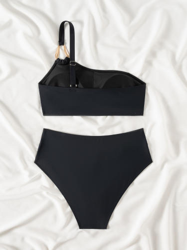 Black Two Piece Swimsuit, One Shoulder Bandeau Bikini PQ-CC600