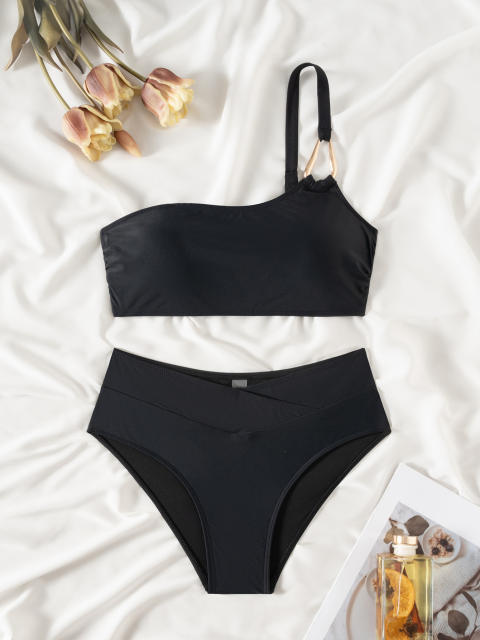 Black Two Piece Swimsuit, One Shoulder Bandeau Bikini PQ-CC600