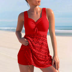 Women's Swimdress One Piece Swimsuit, Lace Overlay Skirt, Ruched Front Beachwear PQ22011