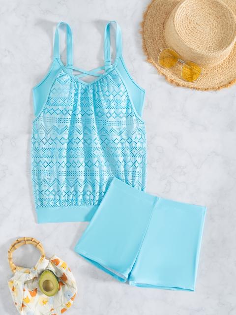 Women's Crochet Lace Tankini Swimsuit Set, Two Piece with Shorts, Adjustable Straps PQ2512