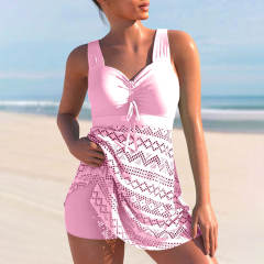 Women's Swimdress One Piece Swimsuit, Lace Overlay Skirt, Ruched Front Beachwear PQ22011