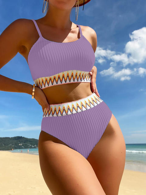 Women's Ribbed Two Piece Swimsuit, High Waisted Bikini Set, Spaghetti Strap PQ2026