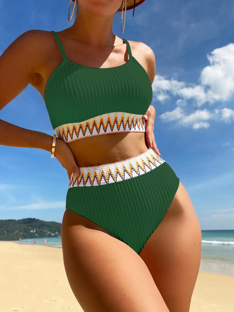 Women's Ribbed Two Piece Swimsuit, High Waisted Bikini Set, Spaghetti Strap PQ2026