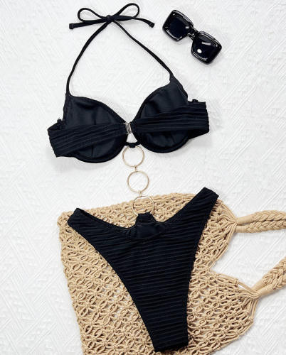 Black Halter Bikini Set with Metal Ring Detail, Two Piece Swimsuit, PQ-G222WY
