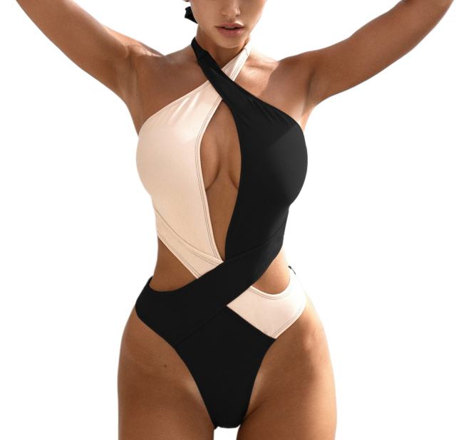 Women's Color Block One Piece Swimsuit, Halter Neck Cutout Swimwear PQ6459