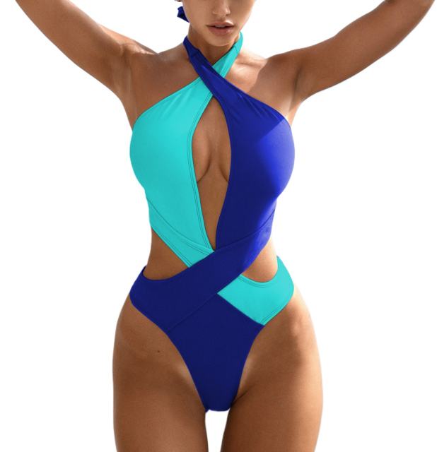 Women's Color Block One Piece Swimsuit, Halter Neck Cutout Swimwear PQ6459