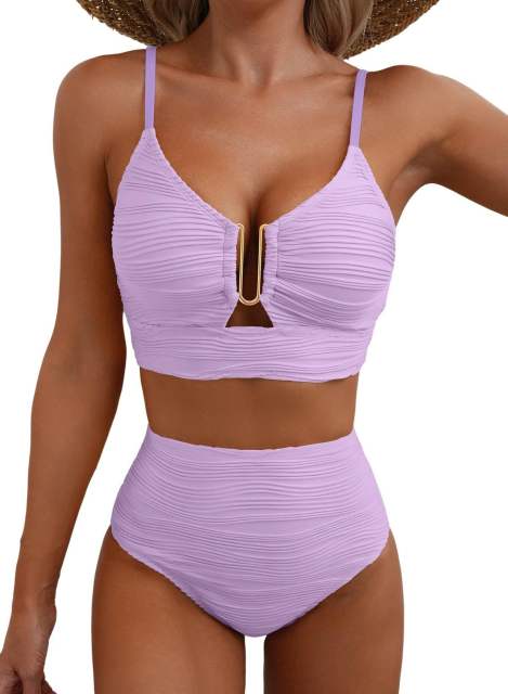 Women's High Waisted Bikini Set, Textured Two Piece Swimsuit with Metal Clasp PQ2421