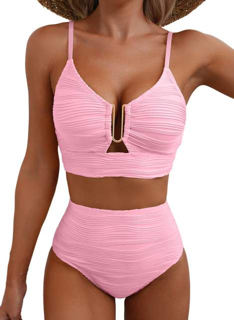 Women's High Waisted Bikini Set, Textured Two Piece Swimsuit with Metal Clasp PQ2421